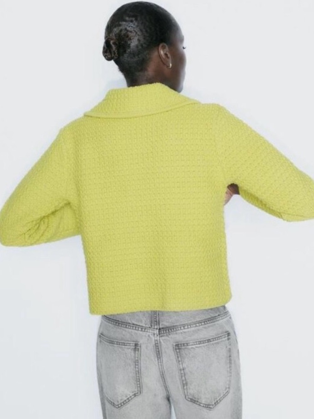 Zara Chunky Knit Cardigan With Peter Pan Collar in Lime Green - Picture 4 of 10
